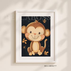 May include: A cute cartoon monkey with brown fur and a big smile sits on a black background with yellow flowers. The monkey has a brown tail and big brown eyes.