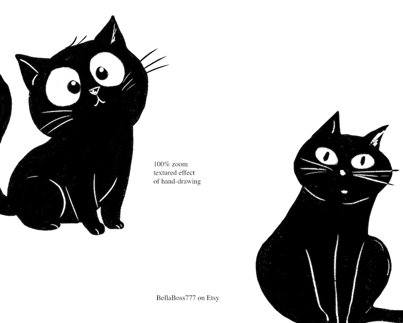 May include: Two black cat illustrations on a white background. One cat is sitting with large eyes, the other is sitting and looking to the side. The text "100% zoom textured effect of hand-drawing" is visible.