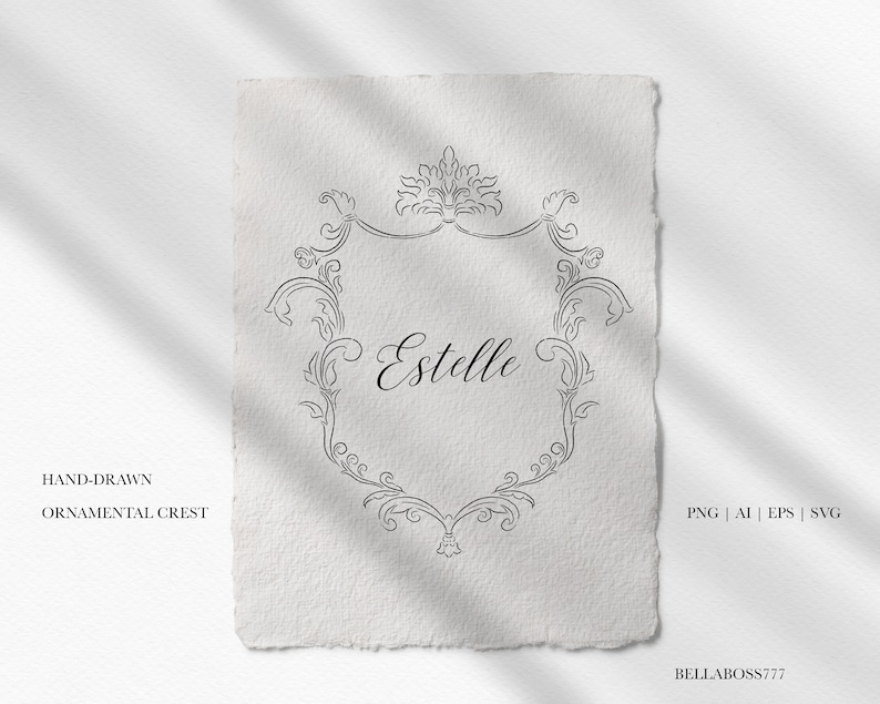 K&ouml;nnte beinhalten: Ein handgezeichnetes Ornament in Schwarzwei&szlig; mit einer dekorativen Verzierung oben und dem Wort "Estelle" in Kursivschrift im Inneren des Ornaments.