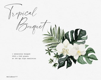 Orchid Clipart, Tropical Flower, Monstera Clipart, Tropical Leaves, Tropical Clipart, Watercolor Flower, Botanical Clipart, Wedding Clipart