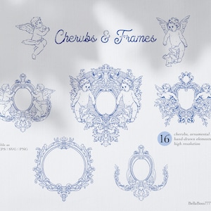 May include: A set of 16 digital illustrations of cherubs and ornate frames. The illustrations are hand-drawn and feature cherubs in various poses, including holding flowers and playing musical instruments. The frames are decorated with intricate details, such as scrolls, flowers, and leaves. The illustrations are available in AI, EPS, SVG, and PNG formats.