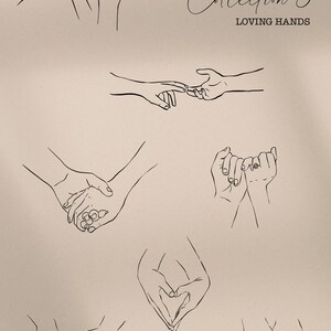 Op de afbeelding: Een verzameling lijntekeningen van handen in verschillende poses, waaronder hand in hand, een hartvorm maken en het woord "liefde" spellen. De tekst "Collection 3 Loving Hands" staat bovenaan de afbeelding.