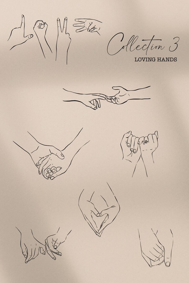 Op de afbeelding: Een verzameling lijntekeningen van handen in verschillende poses, waaronder hand in hand, een hartvorm maken en het woord "liefde" spellen. De tekst "Collection 3 Loving Hands" staat bovenaan de afbeelding.
