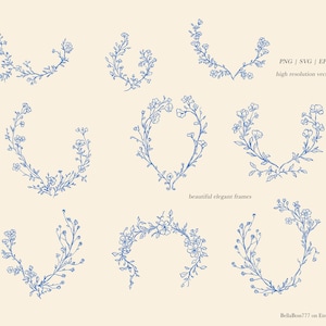 May include: Set of ten blue floral wreaths, perfect for adding a touch of elegance to your designs.  These wreaths are perfect for invitations, cards, and other paper crafts.