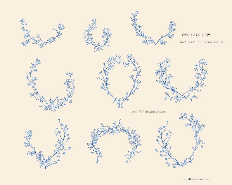 May include: Set of ten blue floral wreaths, perfect for adding a touch of elegance to your designs.  These wreaths are perfect for invitations, cards, and other paper crafts.