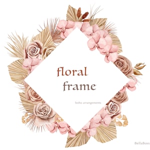 Cadre floral Boho, Aquarelle Roses Orchidées, Clipart mariage, Feuilles séchées, Fleurs roses Tone tropicale Rose Feuilles Couronne florale