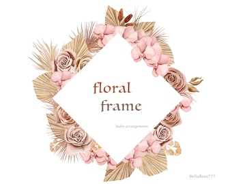 Boho Marco Floral, Orquídeas de rosas de acuarela, Clipart de boda, Hojas secas, Flores rosas tono terroso tropical rose palma hojas florales corona