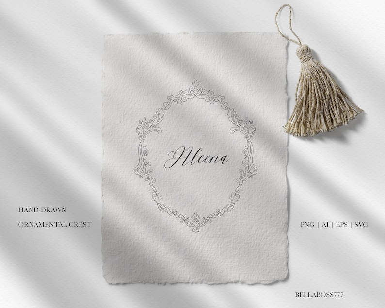 May include: Hand-drawn ornamental crest with a floral design and the word "Aleena" in a cursive font. The crest is in black and white and is on a white background.
