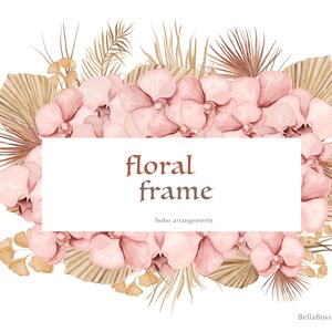 Cadre d’orchidées roses, cadre floral de Boho, orchidées d’aquarelle, clipart de mariage, feuilles séchées, fleurs roses, feuilles de palmier, couronne florale de Boho