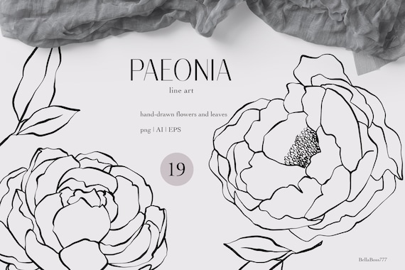 Flowers Clipart, Peony Clipart, Flowers Line Art, Floral Wedding, Peony Wedding, Peony Line Art, One Line Art, Floral Clipart
