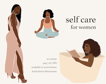 Self Care, Woman Clipart, Black Girl in Tub, Bathroom Clipart, Self Care Icon, Yoga Clipart, Meditation, Black Girl Clipart, Abstract Woman