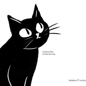 May include: A black cat illustration with a textured, hand-drawn effect. The cat has large eyes and whiskers. The text "textured effect of hand-drawing" is visible. The Etsy shop name "BellaBoss777" is also visible.