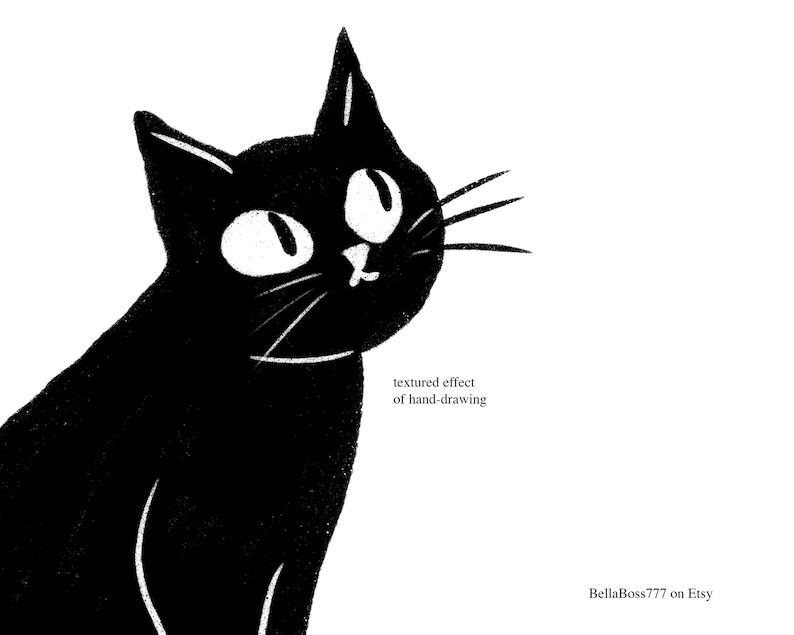 May include: A black cat illustration with a textured, hand-drawn effect. The cat has large eyes and whiskers. The text "textured effect of hand-drawing" is visible. The Etsy shop name "BellaBoss777" is also visible.