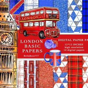 London Basic Paper Bridge Bus Telephone Booth Britain Big Ben Planner Girl Sticker Fashion Planner Red Blue Glitter Digital Paper Pack
