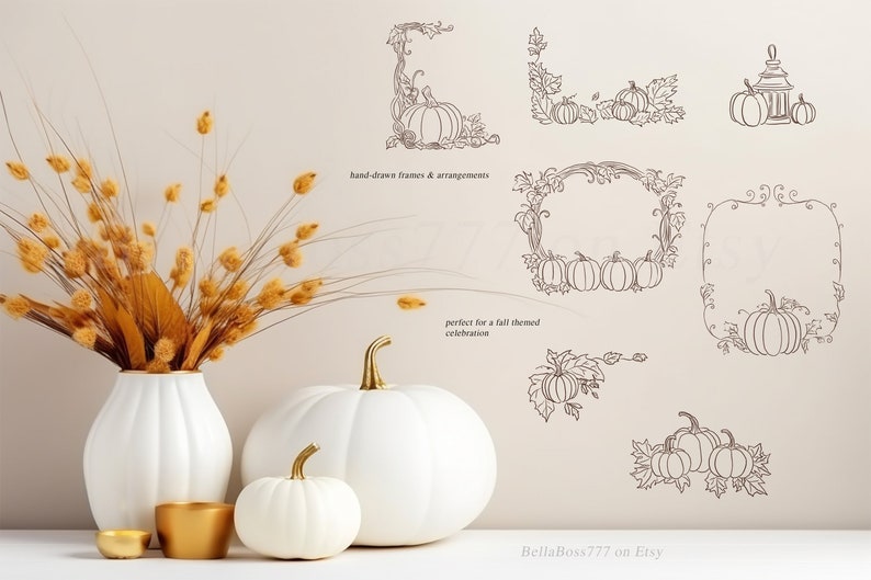 Pumpa Clipart, Pumparamar, Höstbröllop Clipart, Höst Clipart, Pumpateckning, Höst Clipart, Pumpa Line Art, Thanksgiving PNG bild 4