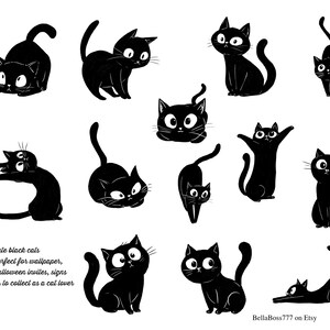 May include: A set of black cat illustrations in different poses. The cats have large eyes and are drawn in a cartoon style. Text on the image reads "cute black cats perfect for wallpaper, halloween invites, signs or to collect as a cat lover."