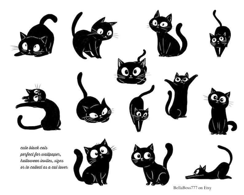 May include: A set of black cat illustrations in different poses. The cats have large eyes and are drawn in a cartoon style. Text on the image reads "cute black cats perfect for wallpaper, halloween invites, signs or to collect as a cat lover."