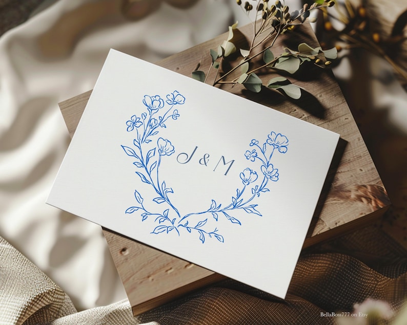 May include: A white card with a blue floral design and the initials "J & M" in the center. The floral design is a wreath of small blue flowers and leaves.