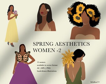 Clipart di donna primaverile con girasole: ragazza nera, farfalla (PNG, AI, EPS)