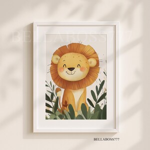May include: A white framed print featuring a cartoon illustration of a smiling lion with a brown mane standing in a green leafy jungle setting.