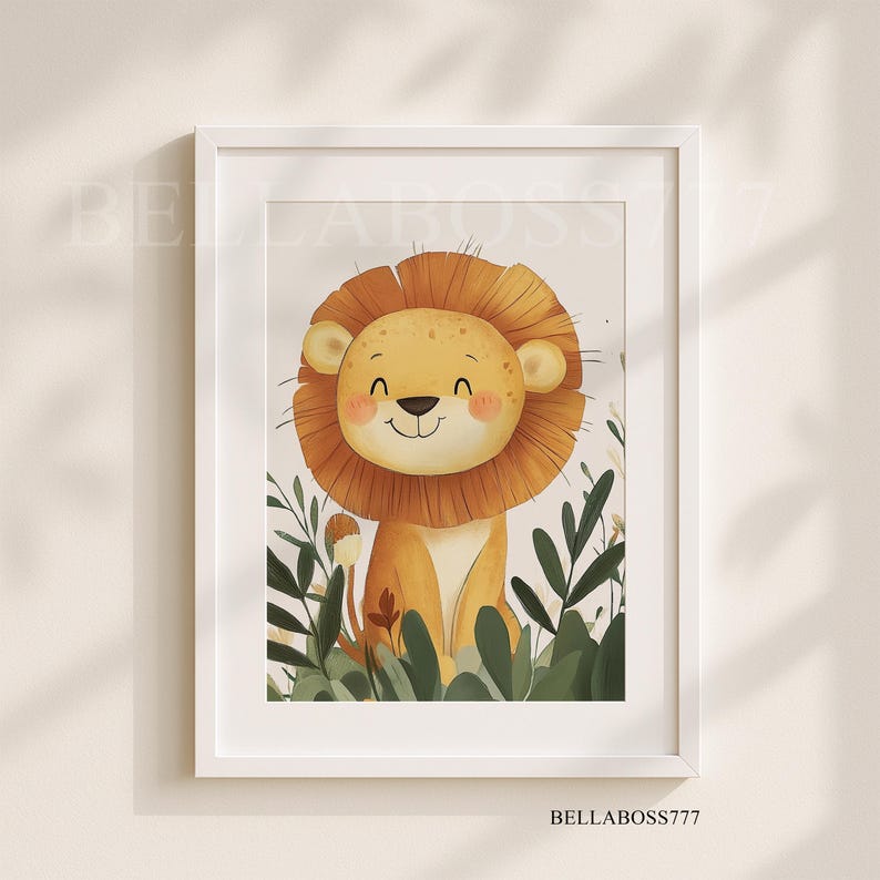 May include: A white framed print featuring a cartoon illustration of a smiling lion with a brown mane standing in a green leafy jungle setting.