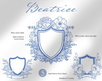 Crest Logo Clipart, Fine Art, Crest Line Art, Floral Frames, Wedding Monogram Crest, Digital Crests, Wedding Crest, Floral Crest Clipart,