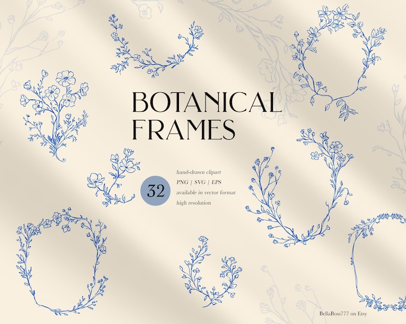 May include: A set of 32 hand-drawn botanical frames in blue on a cream background. The frames are made of delicate floral designs and are perfect for adding a touch of nature to your projects.