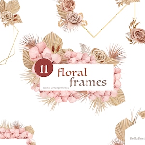 Cadres floraux Boho, Roses à l’aquarelle, Orchidées roses, Clipart de mariage, Feuilles séchées, Fleurs Couronne, Rose tropicale, Feuilles de palmier, Couronne florale
