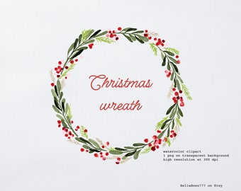 May include: Watercolor Christmas wreath with green leaves and red berries. The wreath is on a white background with the text "Christmas wreath" in red.