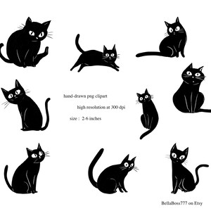 May include: A set of black cat illustrations in different poses, such as sitting, running, and stretching. The artwork is hand-drawn PNG clipart with a high resolution at 300 dpi. The cats' size varies from 5 to 15 cm.