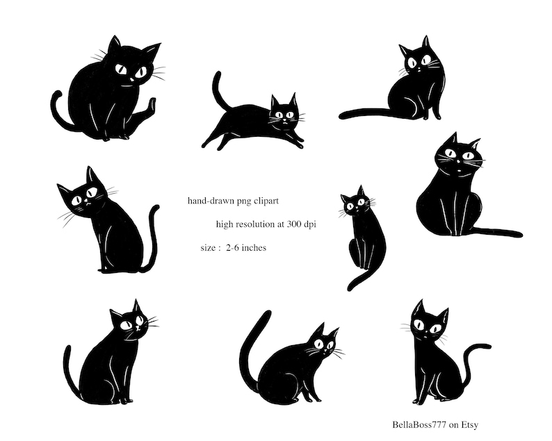 May include: A set of black cat illustrations in different poses, such as sitting, running, and stretching. The artwork is hand-drawn PNG clipart with a high resolution at 300 dpi. The cats' size varies from 5 to 15 cm.