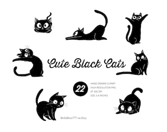 Cute Black Cats Clipart – Hand-Drawn Cat Illustrations PNG, Halloween Clipart, Spooky Cats Graphics, Digital Cat PNGs for Crafters