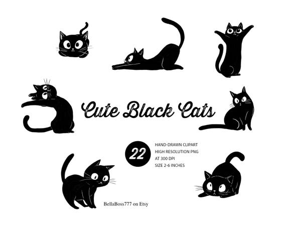 Cute Black Cats Clipart – Hand-Drawn Cat Illustrations PNG, Halloween Clipart, Spooky Cats Graphics, Digital Cat PNGs for Crafters