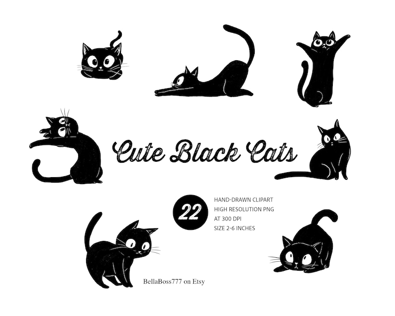 May include: A set of black cat drawings in different positions, such as sitting, stretching, and jumping. The words "Cute Black Cats" are written in a cursive style. The image also includes text that says "Hand-drawn clipart, high resolution PNG, at 300 DPI, size 5-15 cm."