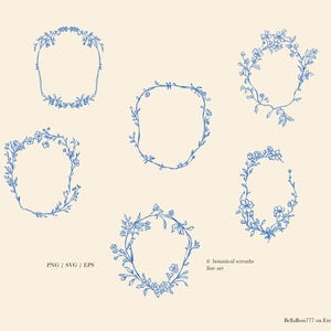 May include: Set of six blue botanical wreaths with a simple line art design. The wreaths are perfect for adding a touch of nature to your projects.