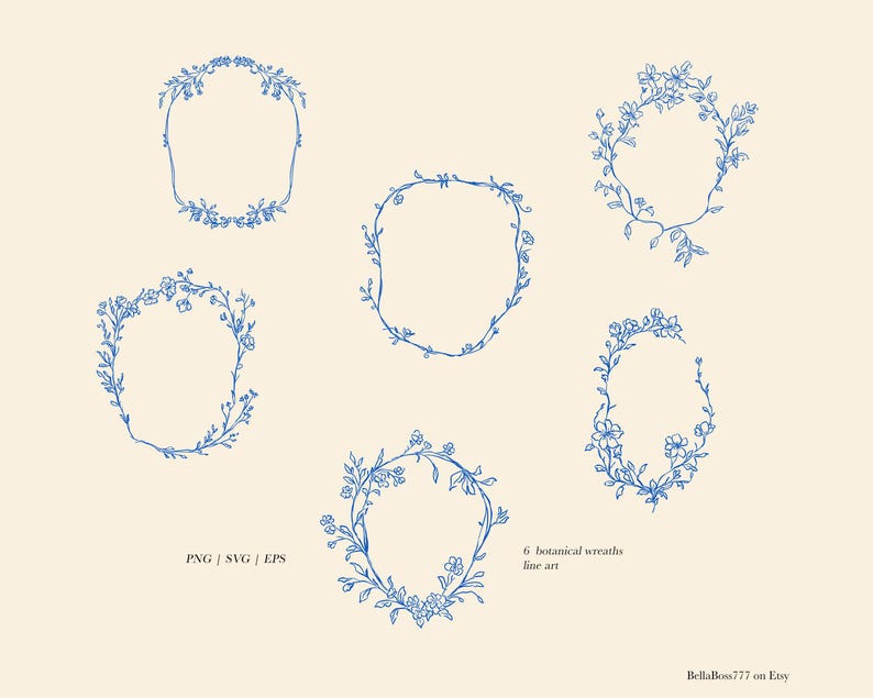 May include: Set of six blue botanical wreaths with a simple line art design. The wreaths are perfect for adding a touch of nature to your projects.
