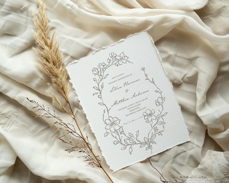 May include: A wedding invitation with a floral design in gray on a white background. The invitation reads "Join us for a wedding celebration of Lilian Harman & Matthew Anderson. Saturday, June 10, 2023 at 5:00 PM. The Ballroom, The Hotel, Baltimore, Maryland.  Reception to follow at 7:00 PM."