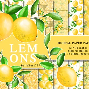 Lemons Digital Paper Pack, Yellow Paper Pack, Summer Pattern, Fruits Watercolor Planner Sticker Fashion Glitter Seamless Pattern Background