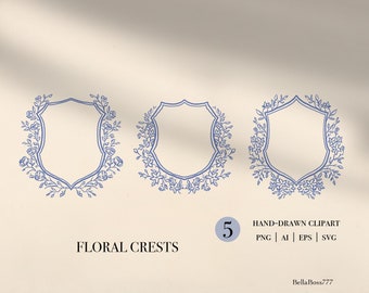 Floral Crest, Wedding Frame Clipart, Fine Art, Line Art, Logo Clipart, Wedding Crest, Floral Frame, Crest Clipart, Crest Logo, Rose Crest