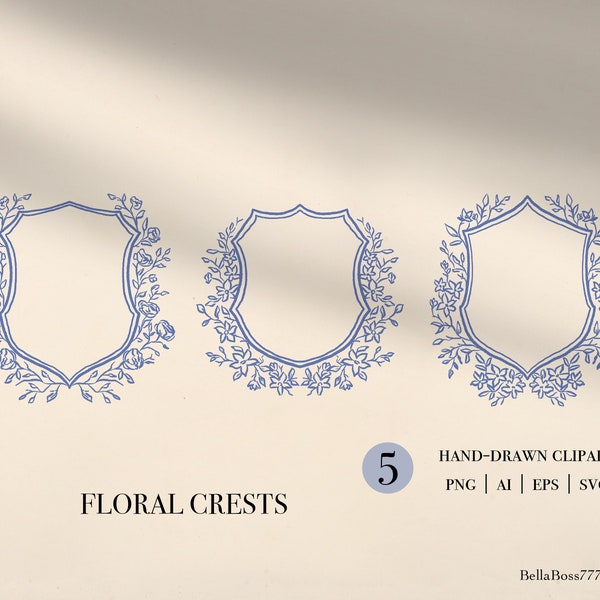 Floral Crest, Wedding Frame Clipart, Fine Art, Line Art, Logo Clipart, Wedding Crest, Floral Frame, Crest Clipart, Crest Logo, Rose Crest