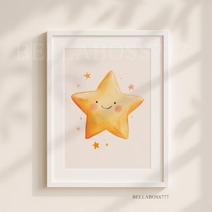 May include: A yellow star with a smiling face and pink cheeks, surrounded by smaller yellow stars on a light peach background.