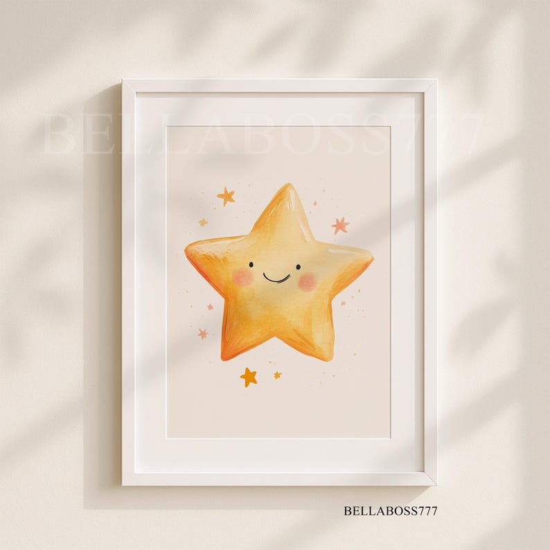 May include: A yellow star with a smiling face and pink cheeks, surrounded by smaller yellow stars on a light peach background.