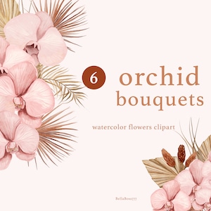 Aquarelle Fleurs Clipart, Bouquets Floraux Roses, Boho Mariage, Watercolor Mariage, Feuilles séchées, Mariage d’automne, Orchidées roses, feuilles de palmier