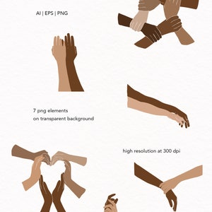 May include: Digital art featuring illustrations of hands in various poses, including holding hands, interlocking, and forming a heart shape. The hands are depicted in shades of brown and beige. Text includes "AI | EPS | PNG", "7 png elements on transparent background", and "high resolution at 300 dpi".