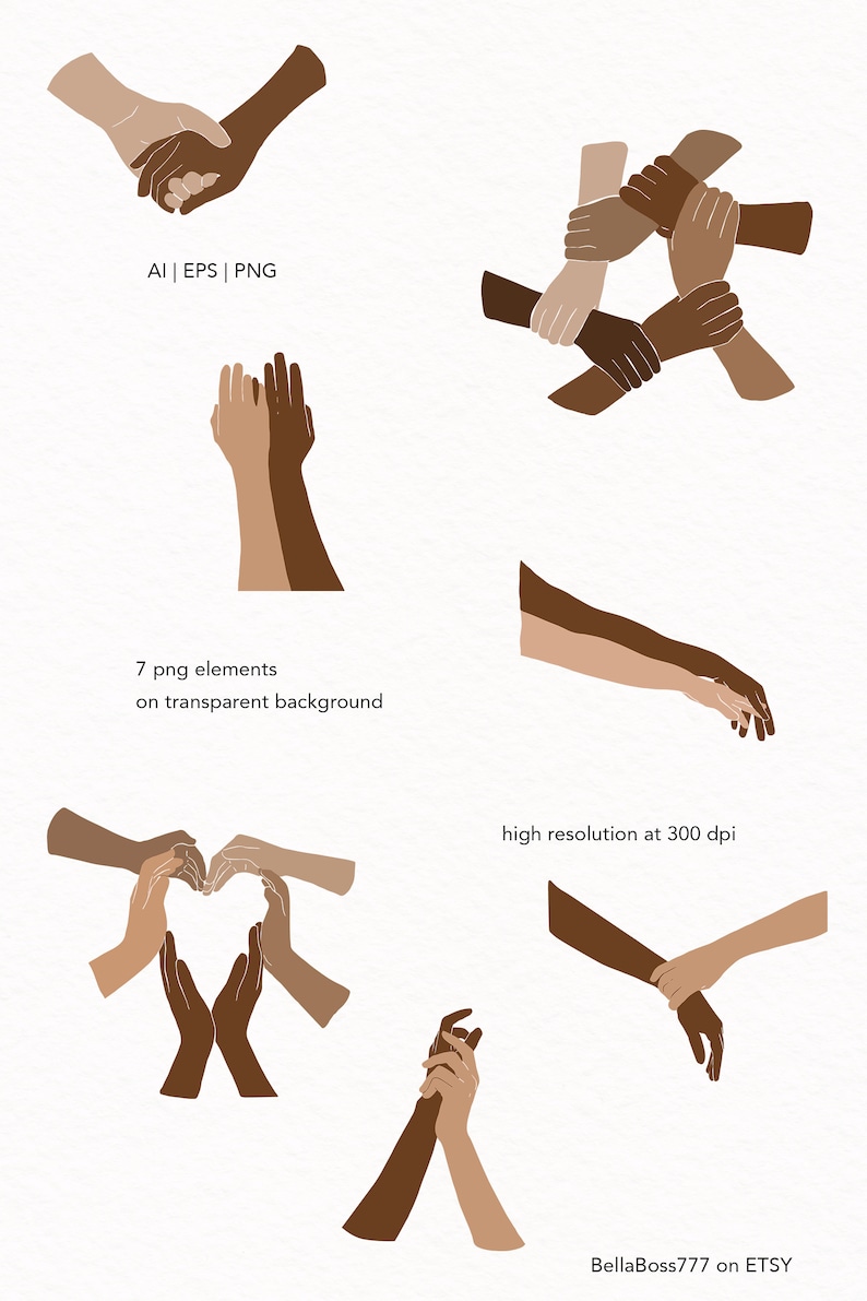May include: Digital art featuring illustrations of hands in various poses, including holding hands, interlocking, and forming a heart shape. The hands are depicted in shades of brown and beige. Text includes "AI | EPS | PNG", "7 png elements on transparent background", and "high resolution at 300 dpi".