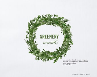May include: A watercolor wreath made of green leaves and branches. The wreath is on a white background and has the text "GREENERY wreath" in the center.