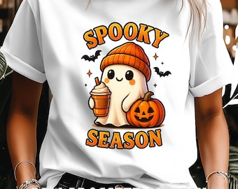 Stagione spettrale PNG, Simpatico fantasma di Halloween PNG, Clipart di latte di zucca per design di magliette, Sublimazione di Halloween, Pipistrelli PNG