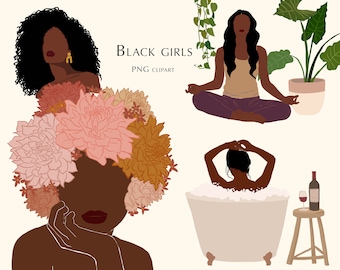 Black Girl Clipart, African Woman Clipart, Abstract Woman, Wall Art Print, Fashion Illustration, Plant Clip Art PNG, Botanical Printable Art