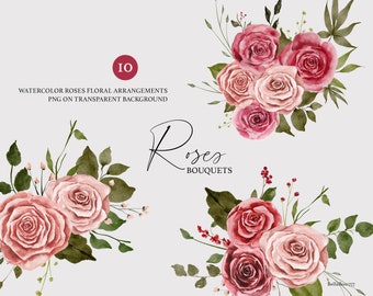 Watercolor Roses, Pink Roses, Wedding Bouquets, Watercolor Floral Bouquets, Watercolor Clipart, Watercolor Floral PNG, Floral Clipart
