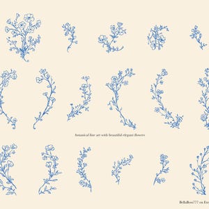 May include: A set of 14 blue floral illustrations, featuring delicate line art of flowers and branches. The illustrations are perfect for adding a touch of elegance to any design project.